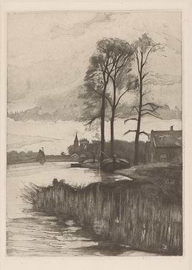 River scene with trees and buildings