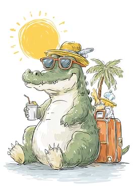 Alligator on Vacation with Suitcase
