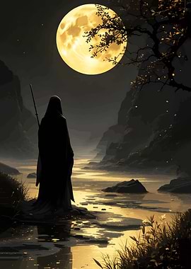 Mysterious figure under a full moon