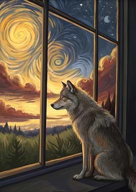 Wolf Gazing at Starry Sky