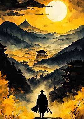 Samurai in a Misty Mountain Landscape