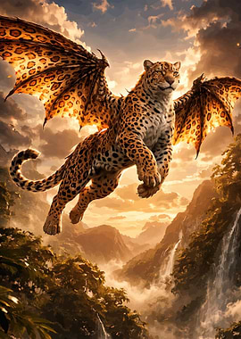 Winged Jaguar Over Waterfall Landscape