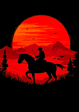 Cowboy Riding Horse at Sunset