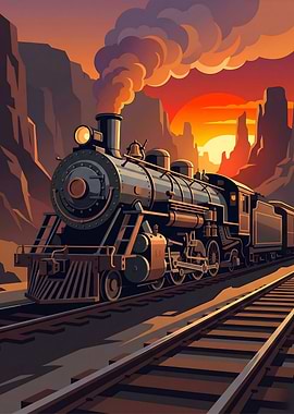 Vintage Steam Locomotive Canyon Sunset Illustration