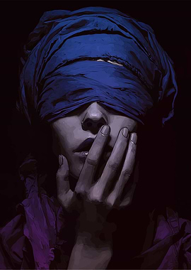 Woman with Blue Headscarf and Hand on Face