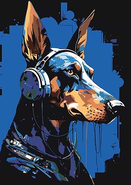 Doberman with Headphones