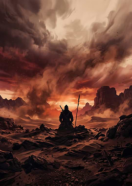 Warrior in a desolate landscape