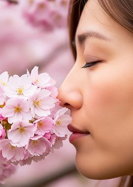 Japanese Woman smelling cherry blossoms