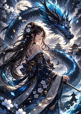 Woman and Dragon Under the Moon