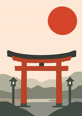 Japanese Torii Gate with Sun and Lanterns