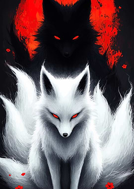 Two Foxes, White and Black, with Red Eyes
