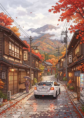 Autumn Street Scene with Car
