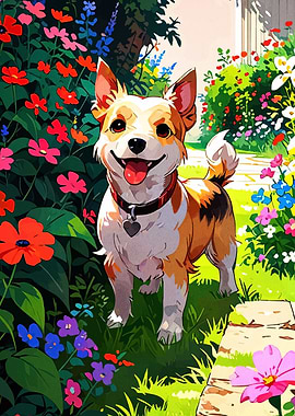 Happy Dog in a Flower Garden