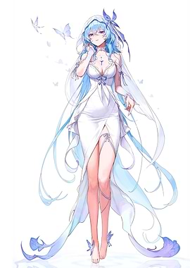 Anime Girl in White Dress with Butterflies