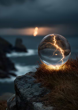 Crystal ball with lightning on cliff