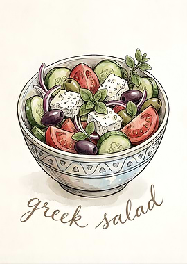 Hand-drawn Greek Salad in a Bowl