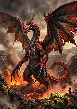 Red Dragon in Volcanic Landscape