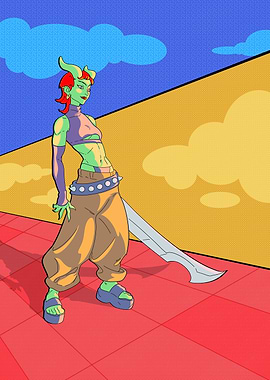 Green demon girl with sword