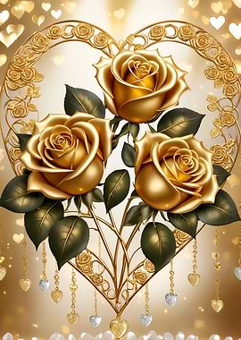 Golden Roses in Heart Frame