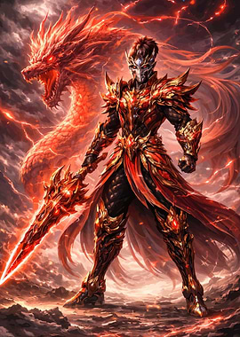 Warrior with Dragon and Fiery Sword