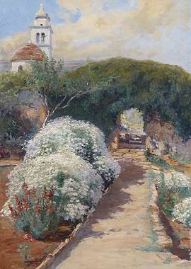 Garden Path with Daisies and Church Tower