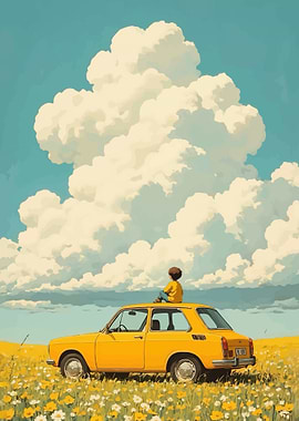 Child on car roof in field