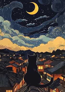 Black Cat Overlooking Cityscape at Night