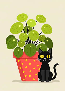 Black Cat and Potted Plant
