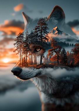 Wolf and Forest Double Exposure