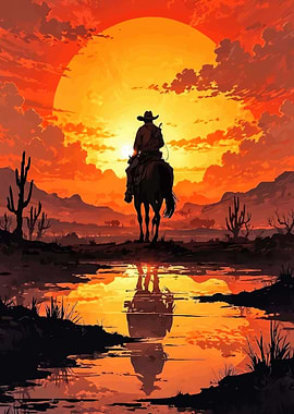 Cowboy at Sunset Reflection