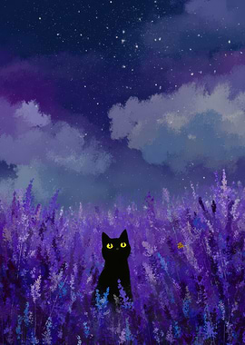 Black Cat in Lavender Field Under Starry Sky