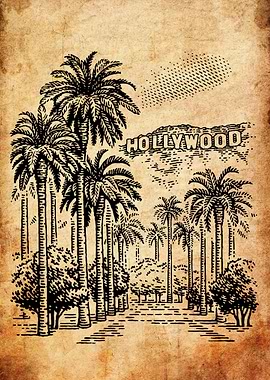 Vintage Hollywood Sign with Palm Trees