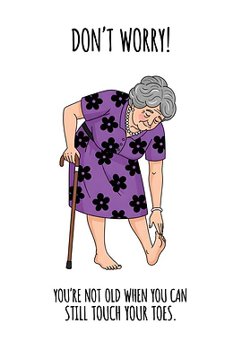 Funny old woman touching toes