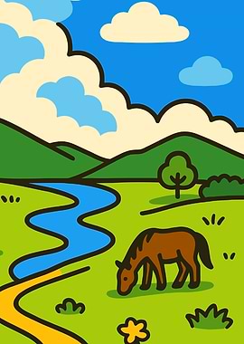 Horse grazing by a river in a meadow