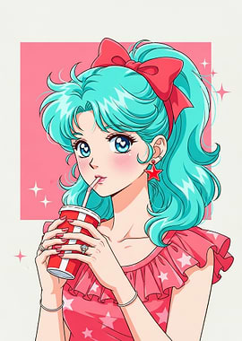 Anime Girl Drinking Soda with Star Dress