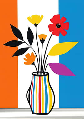 Colorful Floral Arrangement in Striped Vase