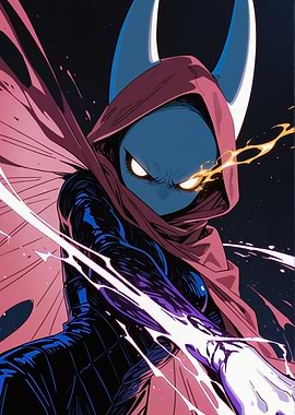 Blue Character with Red Hood and Fiery Eyes