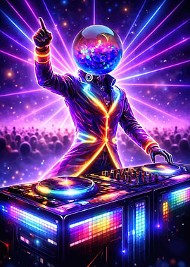 DJ with a globe head at a rave