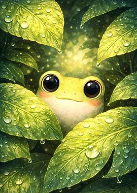 Cute Frog Peeking Through Wet Leaves