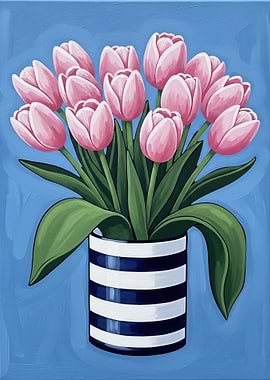 Pink Tulips in a Striped Vase