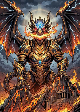 Golden Armored Dragon Breathing Fire
