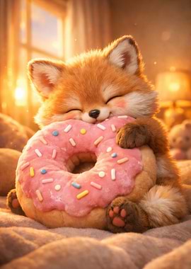 Cute Baby Fox Hugging a Donut