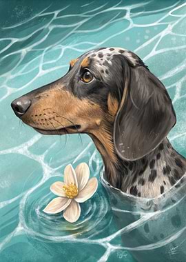 Dachshund in Water with Flower