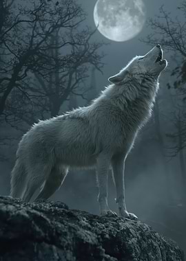 White Wolf Howling at the Moon