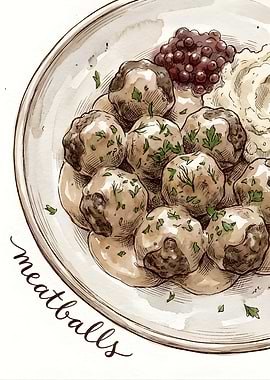 Watercolor Meatballs with Mashed Potatoes and Lingonberries