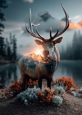 Double Exposure Elk in Mountain Landscape