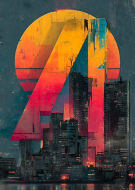 Cyberpunk Cityscape with Abstract Sun