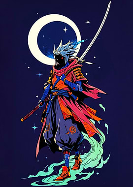 Samurai Warrior Under the Moon