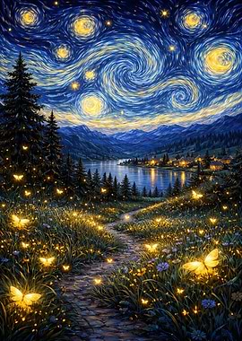 Starry Night Landscape with Fireflies