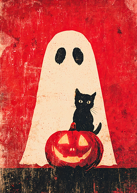Vintage Ghost Cat Halloween Pumpkin